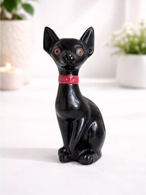 Vintage Black Cat Figurine with Red Collar – Glossy Ceramic Kitty Decor